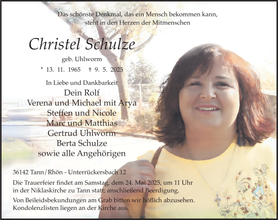 Traueranzeige von Christel Schulze von FZ