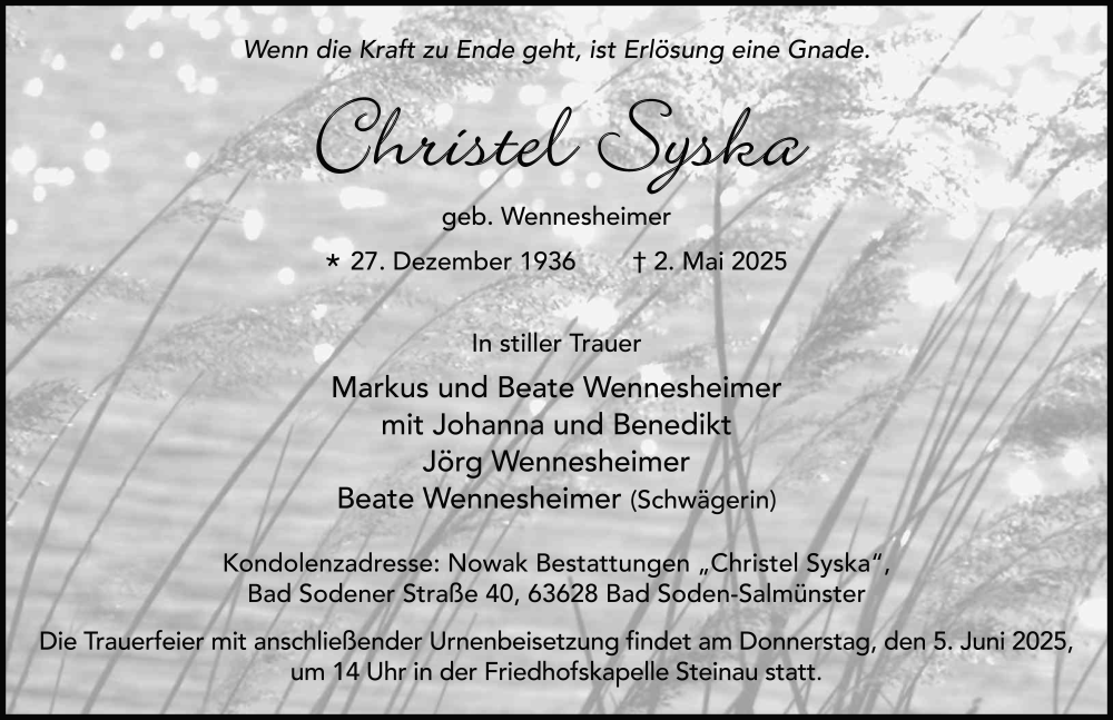 Traueranzeige für Christel Syska vom 24.05.2025 aus FZ