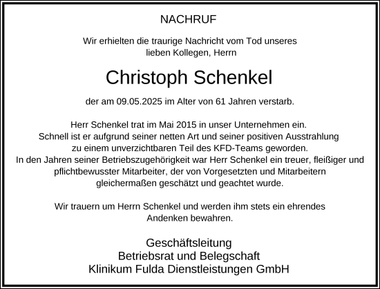 Traueranzeige von Christoph Schenkel von FZ