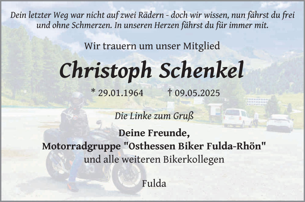  Traueranzeige für Christoph Schenkel vom 13.05.2025 aus FZ