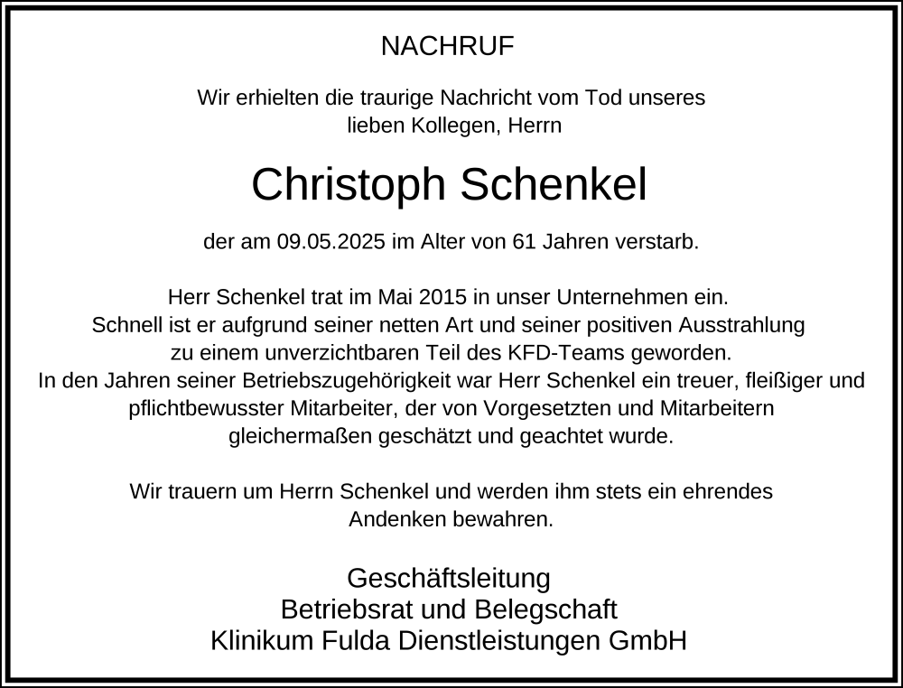  Traueranzeige für Christoph Schenkel vom 15.05.2025 aus FZ