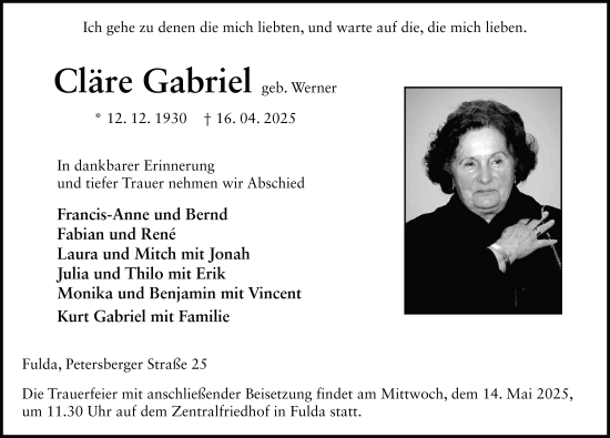 Traueranzeige von Cläre Gabriel von FZ