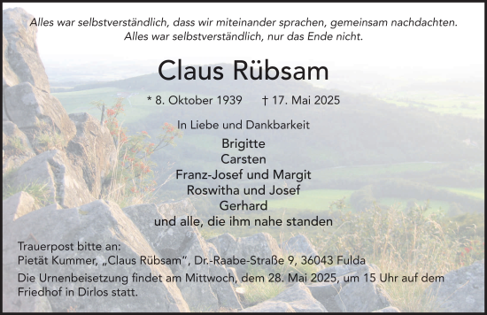 Traueranzeige von Claus Rübsam von FZ