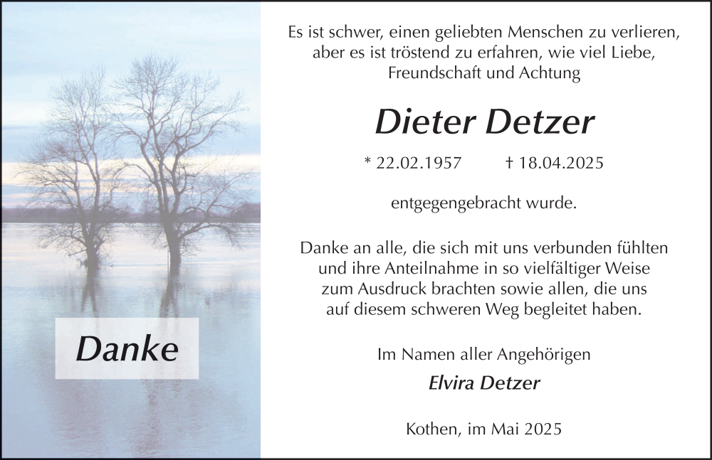  Traueranzeige für Dieter Detzer vom 31.05.2025 aus FZ
