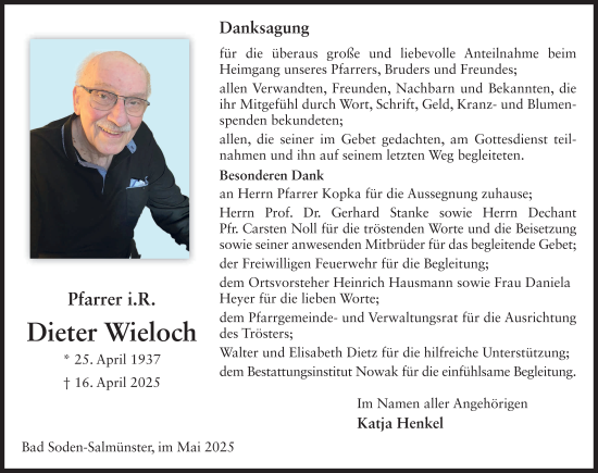 Traueranzeige von Dieter Wieloch von FZ