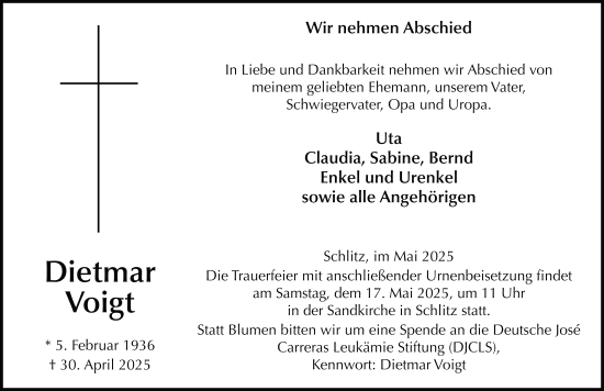 Traueranzeige von Dietmar Voigt von FZ