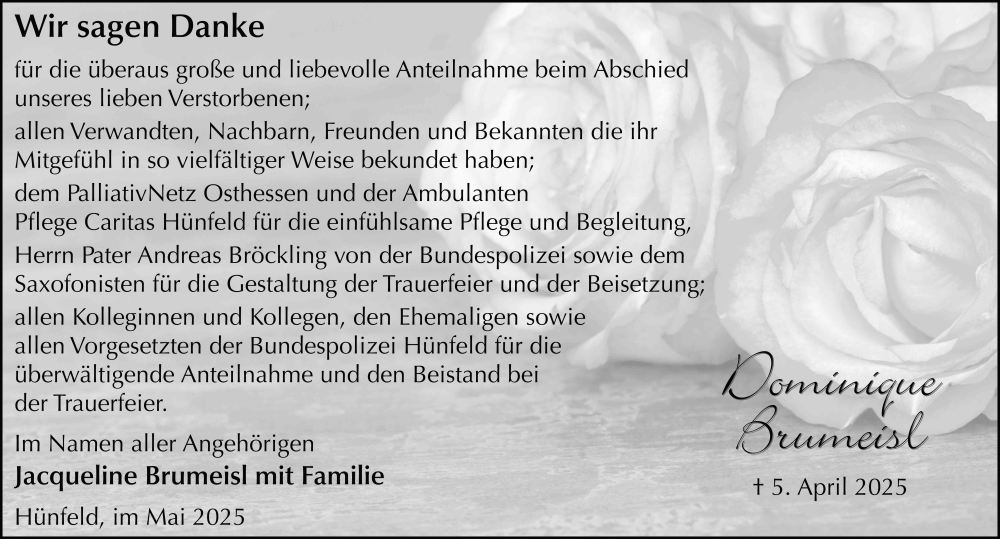  Traueranzeige für Dominique Brumeisl vom 16.05.2025 aus FZ