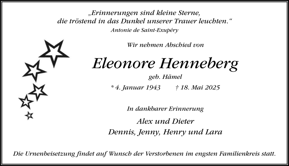  Traueranzeige für Eleonore Henneberg vom 24.05.2025 aus FZ