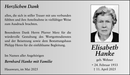 Traueranzeige von Elisabeth Hanke von FZ