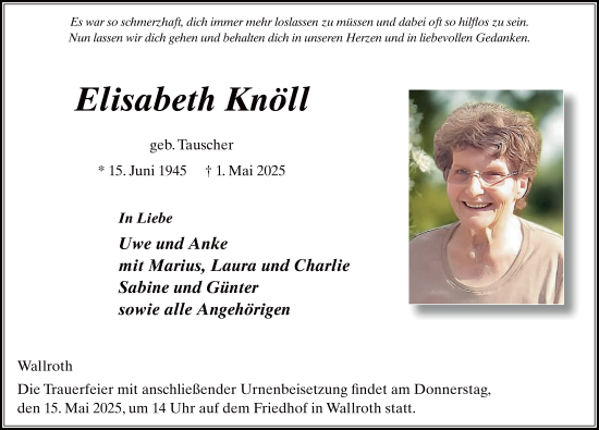 Traueranzeige von Elisabeth Knöll von FZ