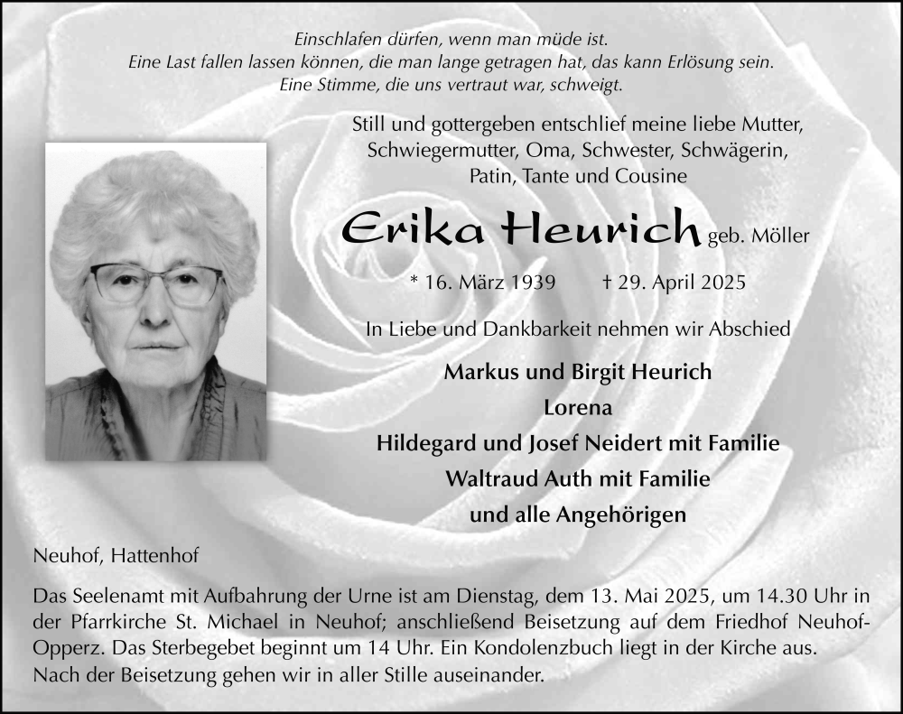  Traueranzeige für Erika Heurich vom 07.05.2025 aus FZ