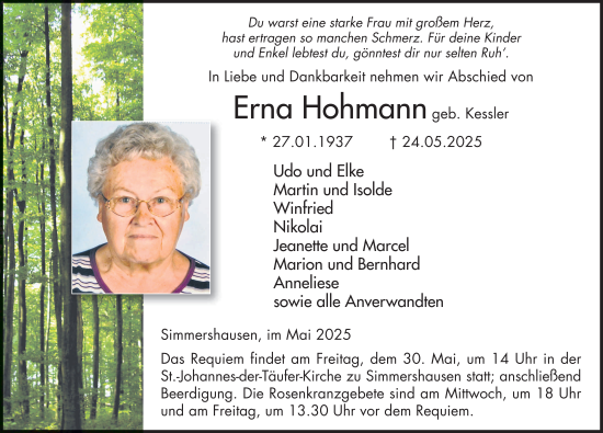Traueranzeige von Erna Hohmann von FZ
