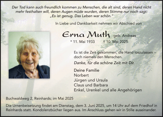 Traueranzeige von Erna Muth von FZ