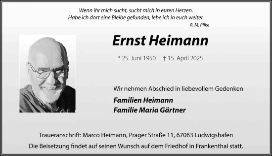 Traueranzeige von Ernst Heimann von FZ