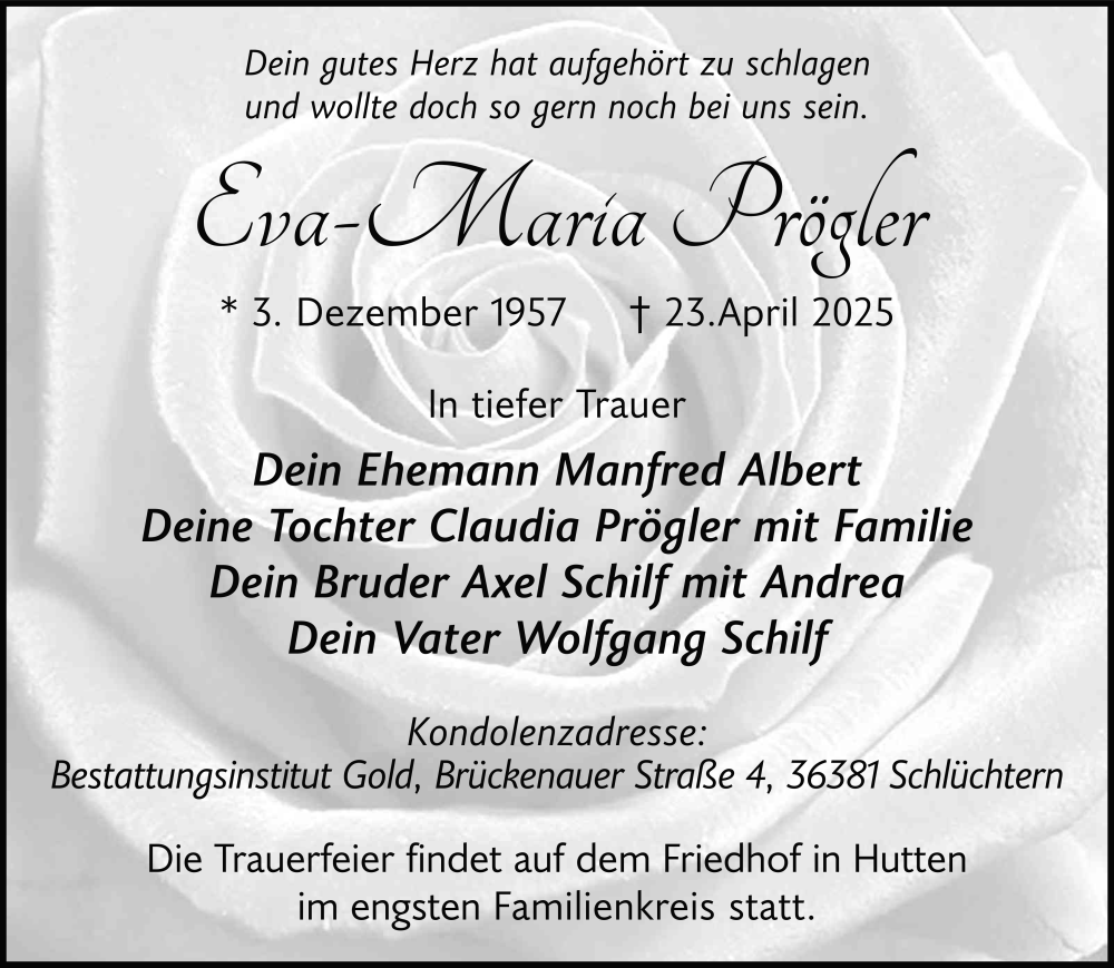  Traueranzeige für Eva-Maria Prögler vom 03.05.2025 aus FZ