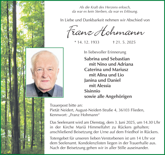 Traueranzeige von Franz Hohmann von FZ