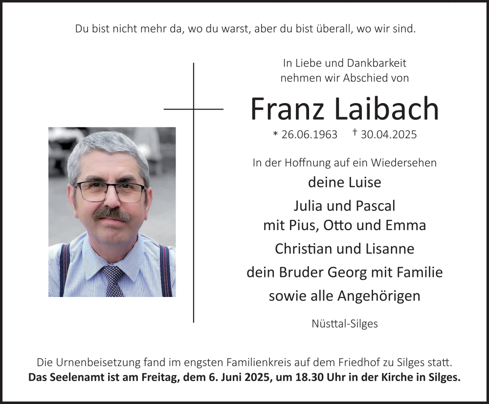  Traueranzeige für Franz Laibach vom 14.05.2025 aus FZ