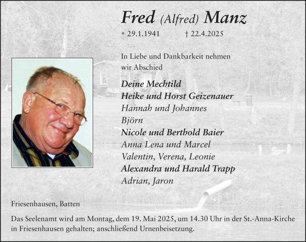  Traueranzeige für Fred Manz vom 15.05.2025 aus FZ