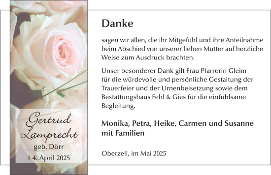 Traueranzeige von Gertrud Lamprecht von FZ