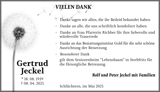 Traueranzeige von Getrud Jeckel von FZ
