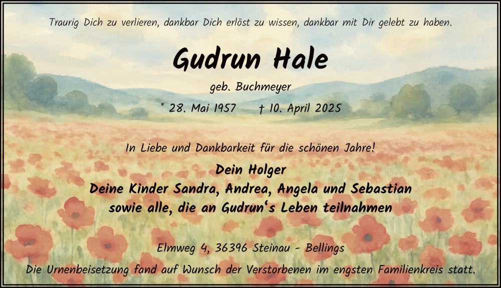  Traueranzeige für Gudrun Hale vom 10.05.2025 aus FZ