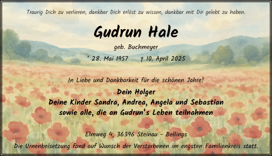 Traueranzeige von Gudrun Hale von FZ