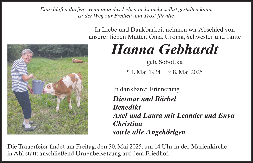  Traueranzeige für Hanna Gebhardt vom 24.05.2025 aus FZ