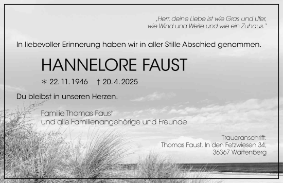 Traueranzeige von Hannelore Faust von FZ