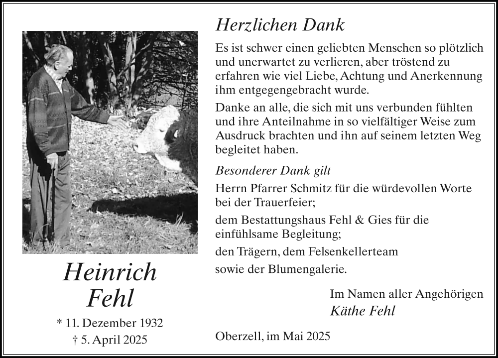  Traueranzeige für Heinrich Fehl vom 17.05.2025 aus FZ