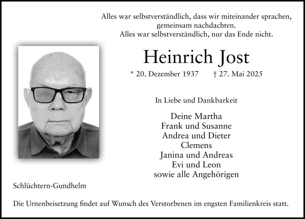  Traueranzeige für Heinrich Jost vom 31.05.2025 aus FZ