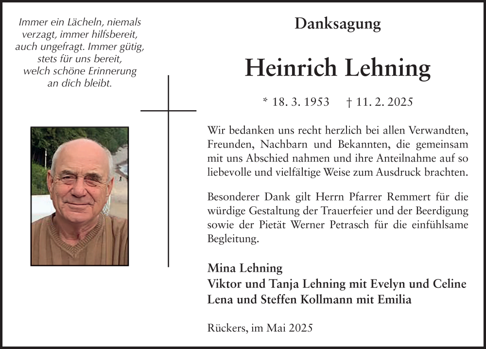  Traueranzeige für Heinrich Lehning vom 24.05.2025 aus FZ