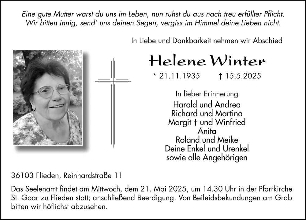  Traueranzeige für Helene Winter vom 19.05.2025 aus FZ