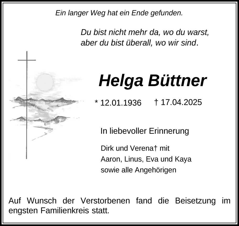  Traueranzeige für Helga Büttner vom 24.05.2025 aus FZ