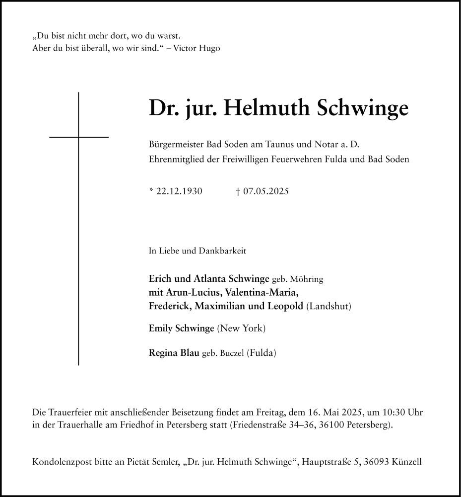  Traueranzeige für Helmuth Schwinge vom 10.05.2025 aus FZ