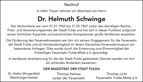 Traueranzeige von Helmuth Schwinge von FZ