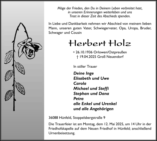 Traueranzeige von Herbert Holz von FZ