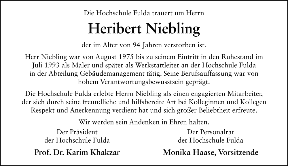  Traueranzeige für Heribert Niebling vom 15.05.2025 aus FZ