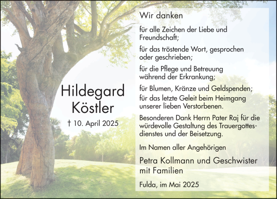 Traueranzeige von Hildegard Köstler von FZ