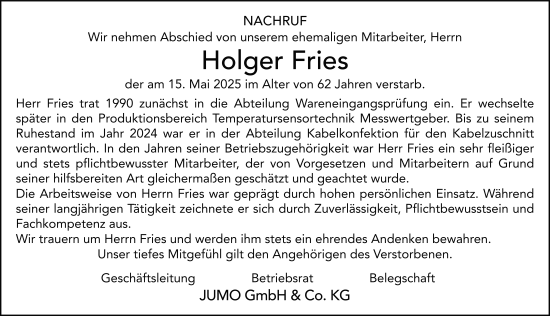 Traueranzeige von Holger Fries von FZ