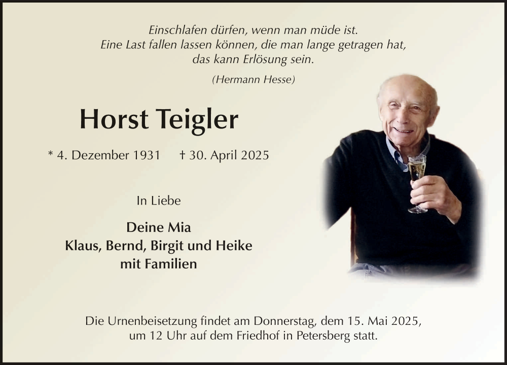 Traueranzeige für Horst Teigler vom 10.05.2025 aus FZ