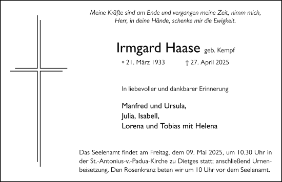 Traueranzeige von Irmgard Haase von FZ
