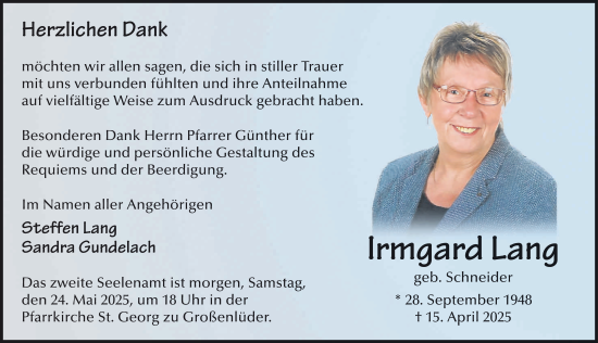 Traueranzeige von Irmgard Lang von FZ