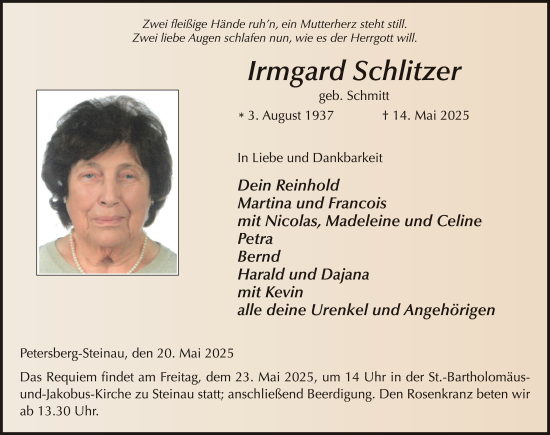 Traueranzeige von Irmgard Schlitzer von FZ
