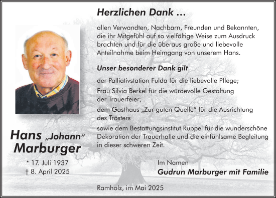 Traueranzeige von Johann Marburger von FZ