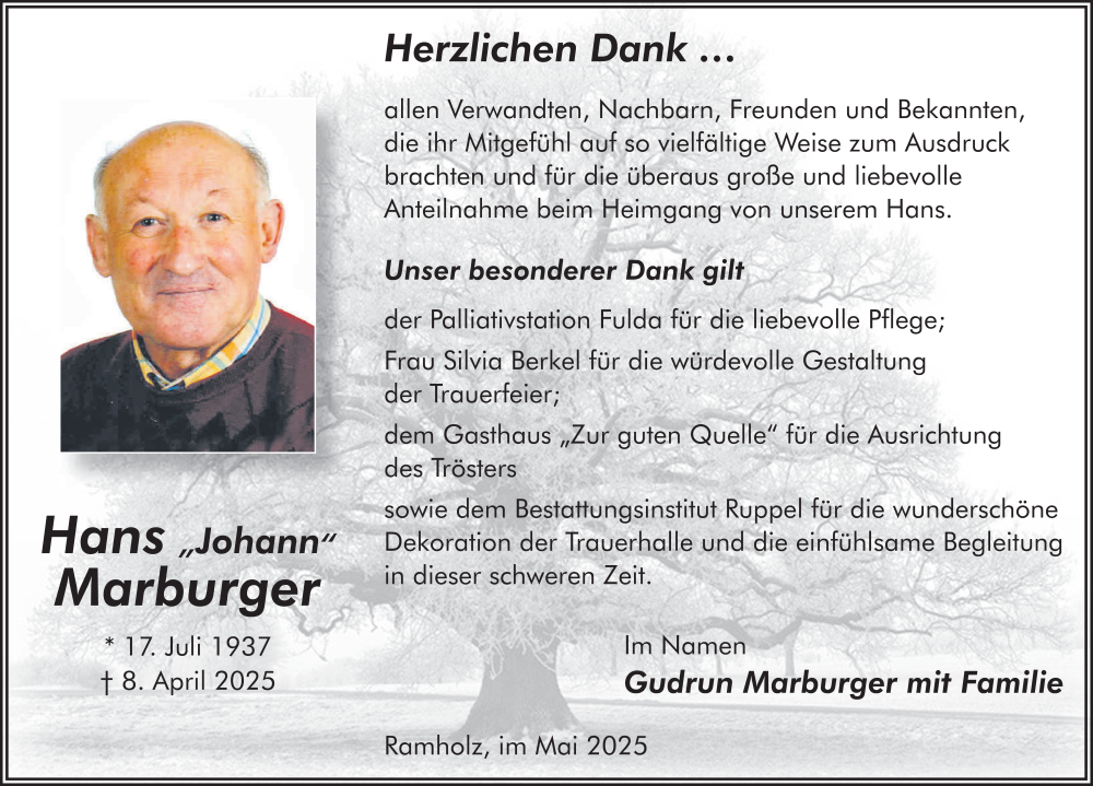  Traueranzeige für Johann Marburger vom 31.05.2025 aus FZ