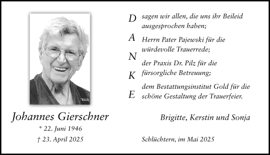 Traueranzeige von Johannes Gierschner von FZ