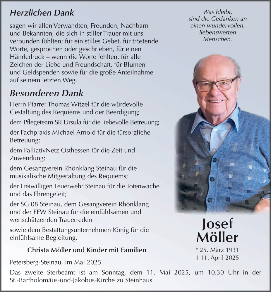  Traueranzeige für Josef Möller vom 10.05.2025 aus FZ