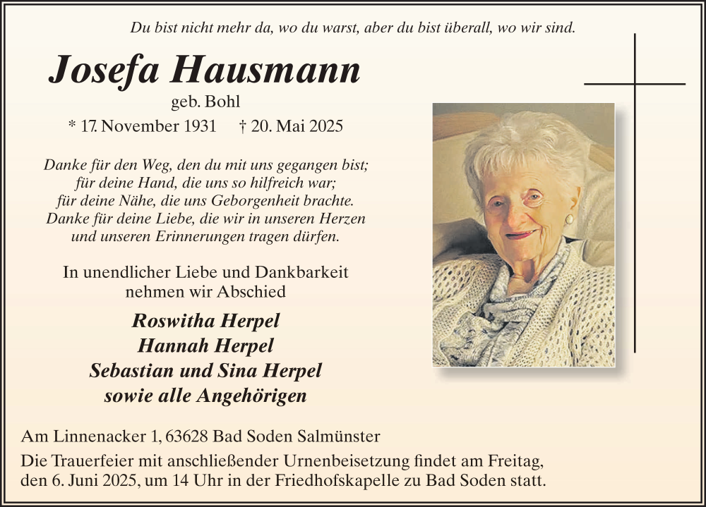  Traueranzeige für Josefa Hausmann vom 31.05.2025 aus FZ