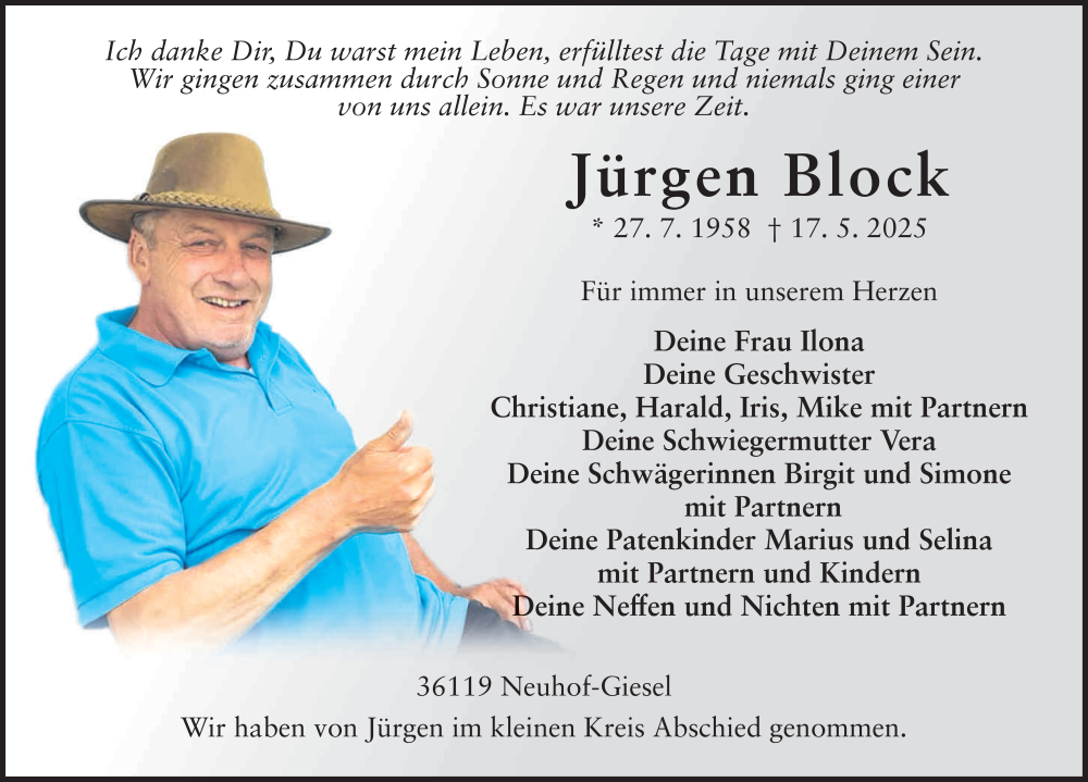  Traueranzeige für Jürgen Block vom 30.05.2025 aus FZ