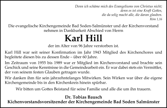 Traueranzeige von Karl Hill von FZ